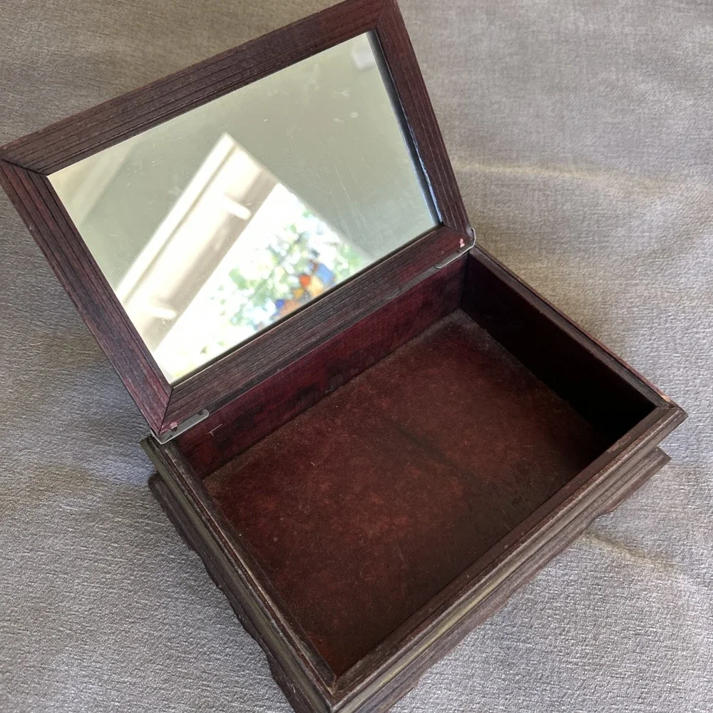 Vintage 1940s Wooden Trinket Jewelry Stationary Box W Mirror Floral Design